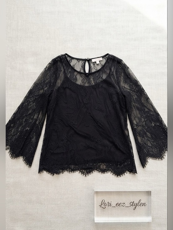 Laura Tops - Black Lace Long-Sleeve Women's Top - Elegant Sheer Overlay